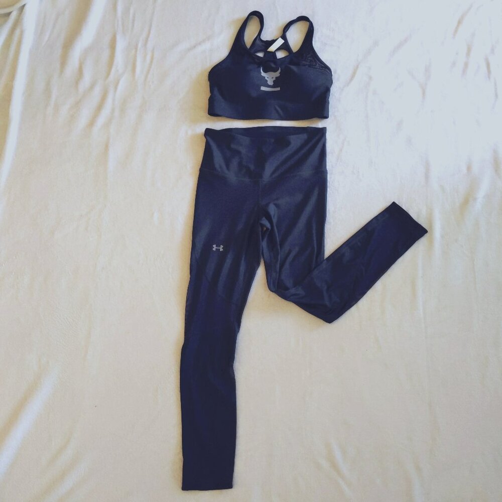NWOT Under Armour Project Rock Navy Sports Bra and Legging Set Size Small